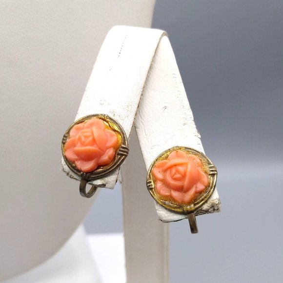 Vintage Celluloid Coral Carved Parure on Sterling Silver with Gold Wash Vermeil - Picture 4 of 8